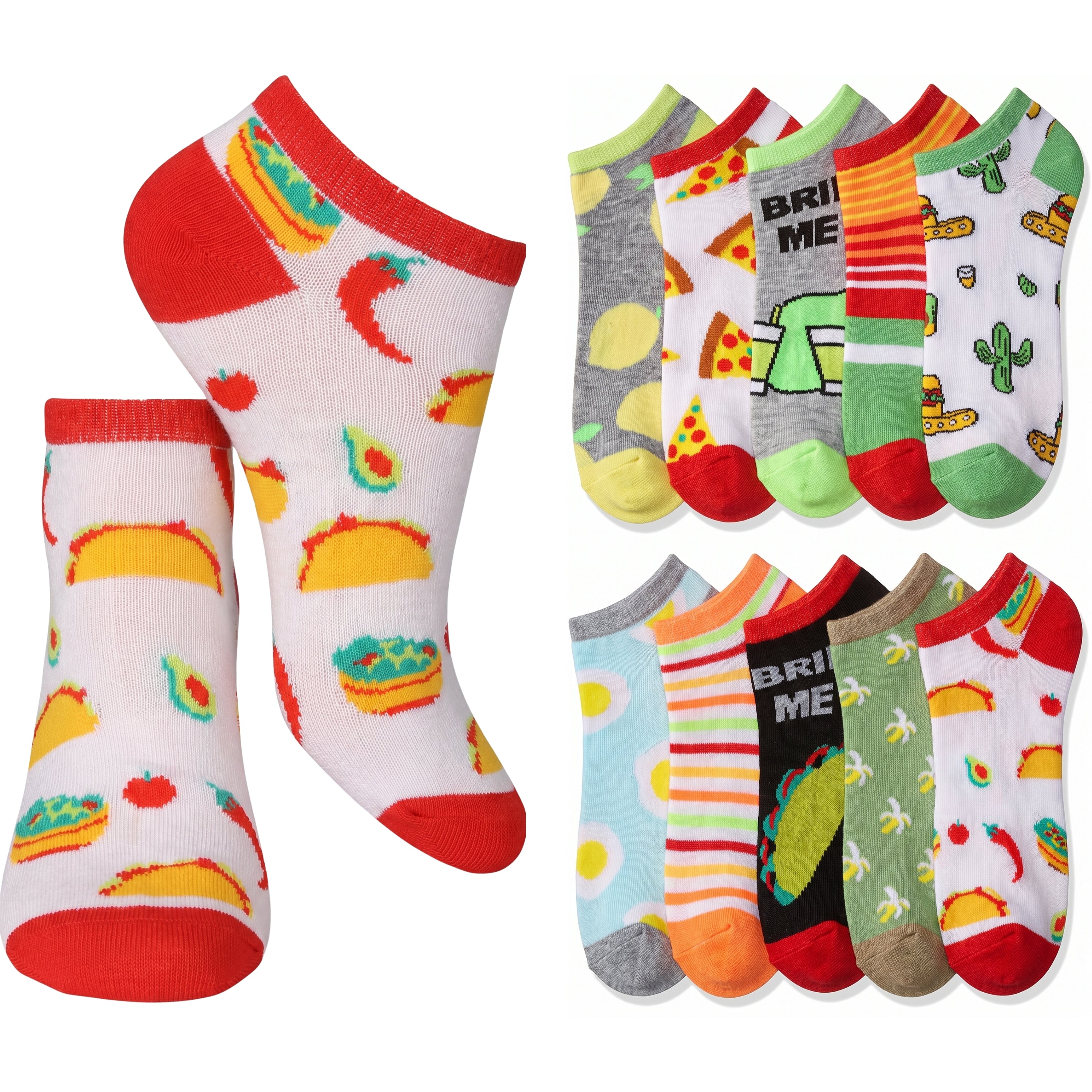 Six pairs of low-cut ankle socks with colorful cartoon food prints, including tacos, pizza, cactus, eggs, and chili peppers, shown on a plain white background.