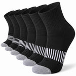 Six pairs of low-cut athletic socks arranged in a fan shape on a white background. The socks are primarily black with white stripes around the calf and gray toes and heels.