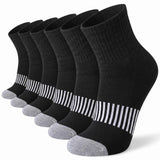 Six pairs of low-cut athletic socks arranged in a fan shape on a white background. The socks are primarily black with white stripes around the calf and gray toes and heels.
