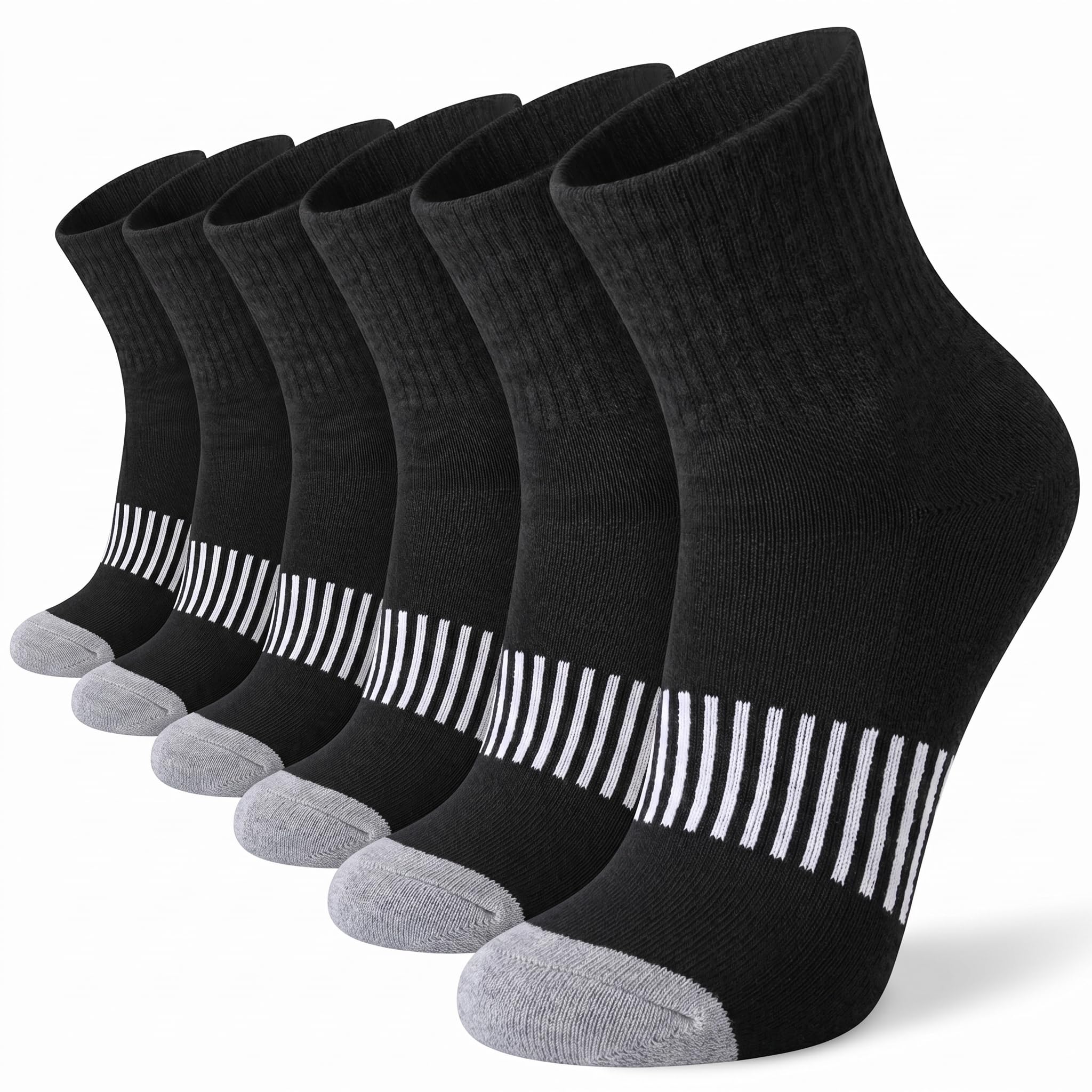 Six pairs of low-cut athletic socks arranged in a fan shape on a white background. The socks are primarily black with white stripes around the calf and gray toes and heels.
