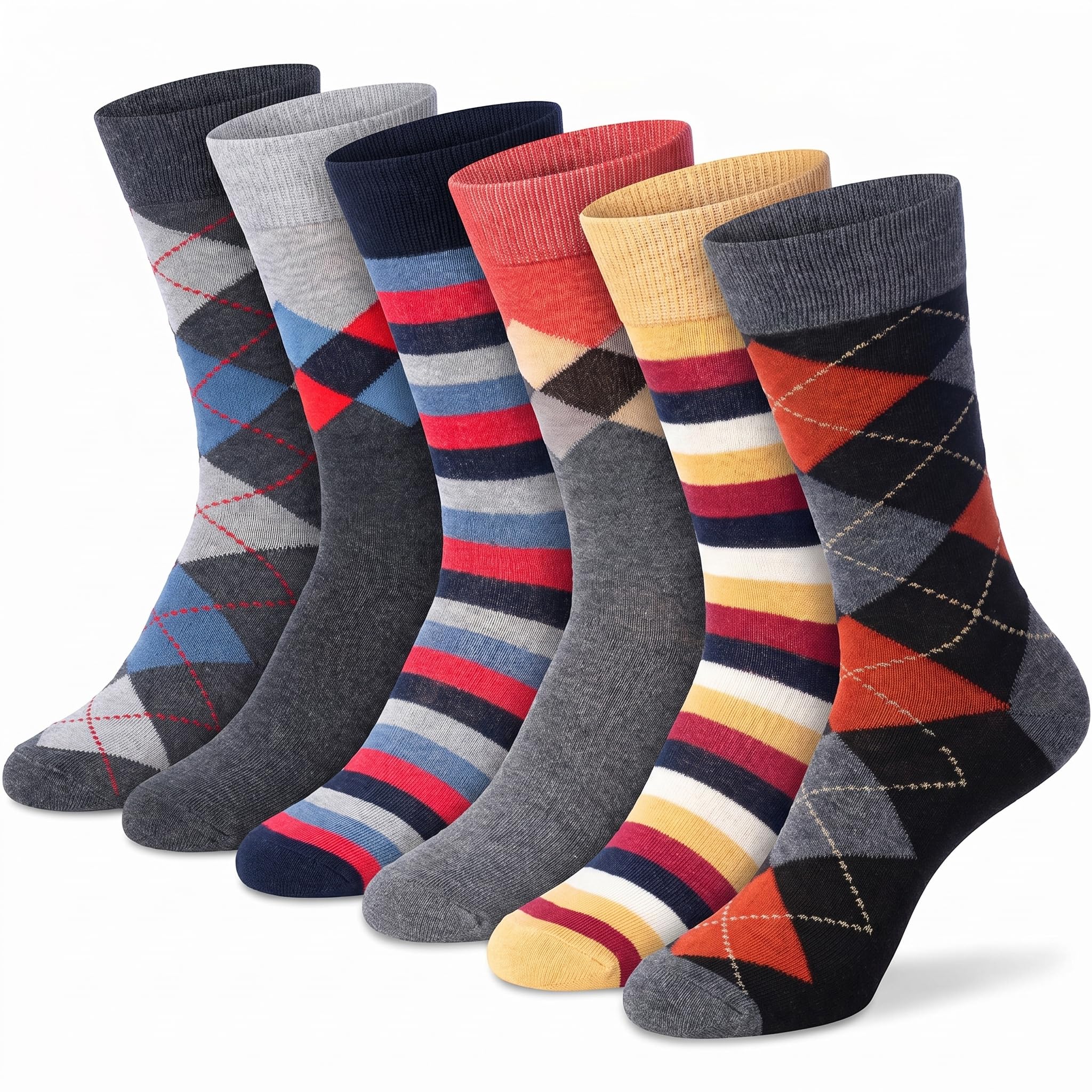 Six pairs of men's crew socks arranged in a fan shape on a white background. The socks feature various color combinations including argyle patterns and striped designs in gray, navy, red, yellow, and blue.