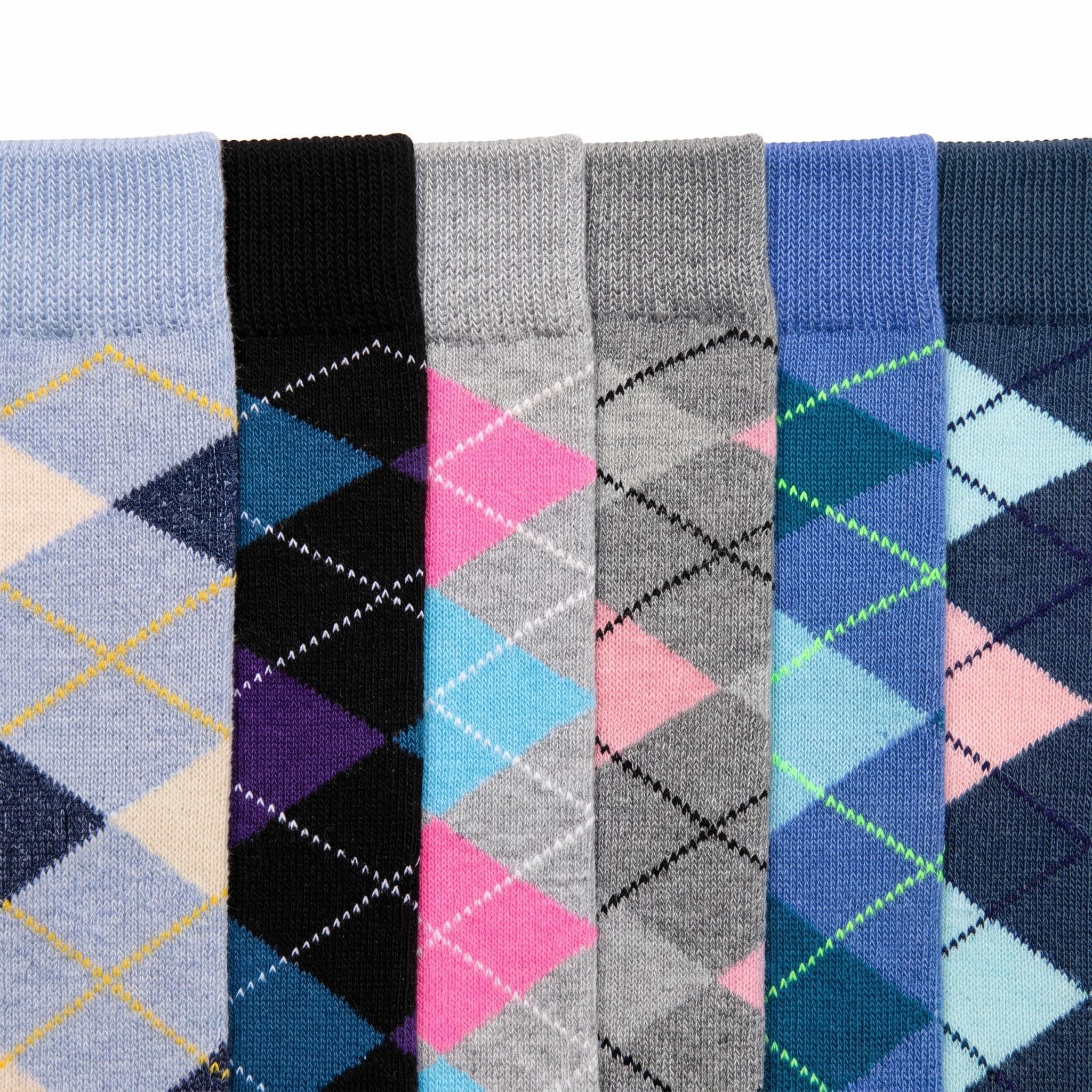 Six pairs of men's dress socks with argyle diamond patterns, shown in a side-by-side vertical arrangement. The colors include light blue, black, gray, navy, pink, and blue, with some pairs featuring yellow and purple accents.
