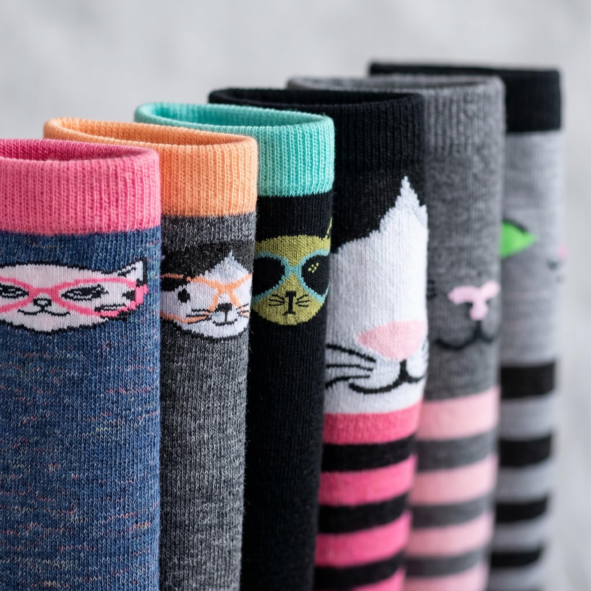 Six pairs of novelty socks with colorful cat face designs and striped cuffs, displayed in a row against a light gray background.