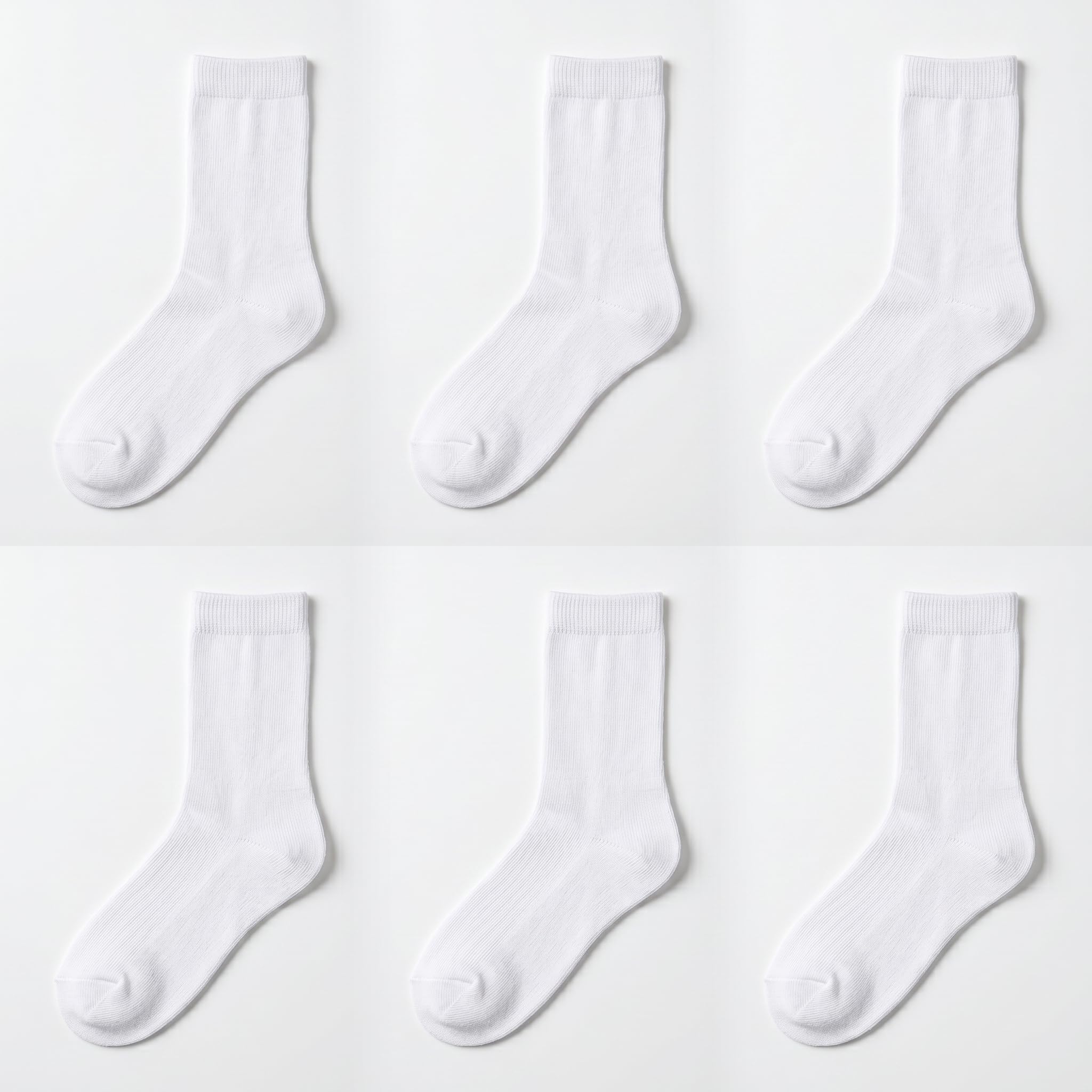 Six pairs of plain white crew socks arranged in a 2x3 grid on a clean white background.