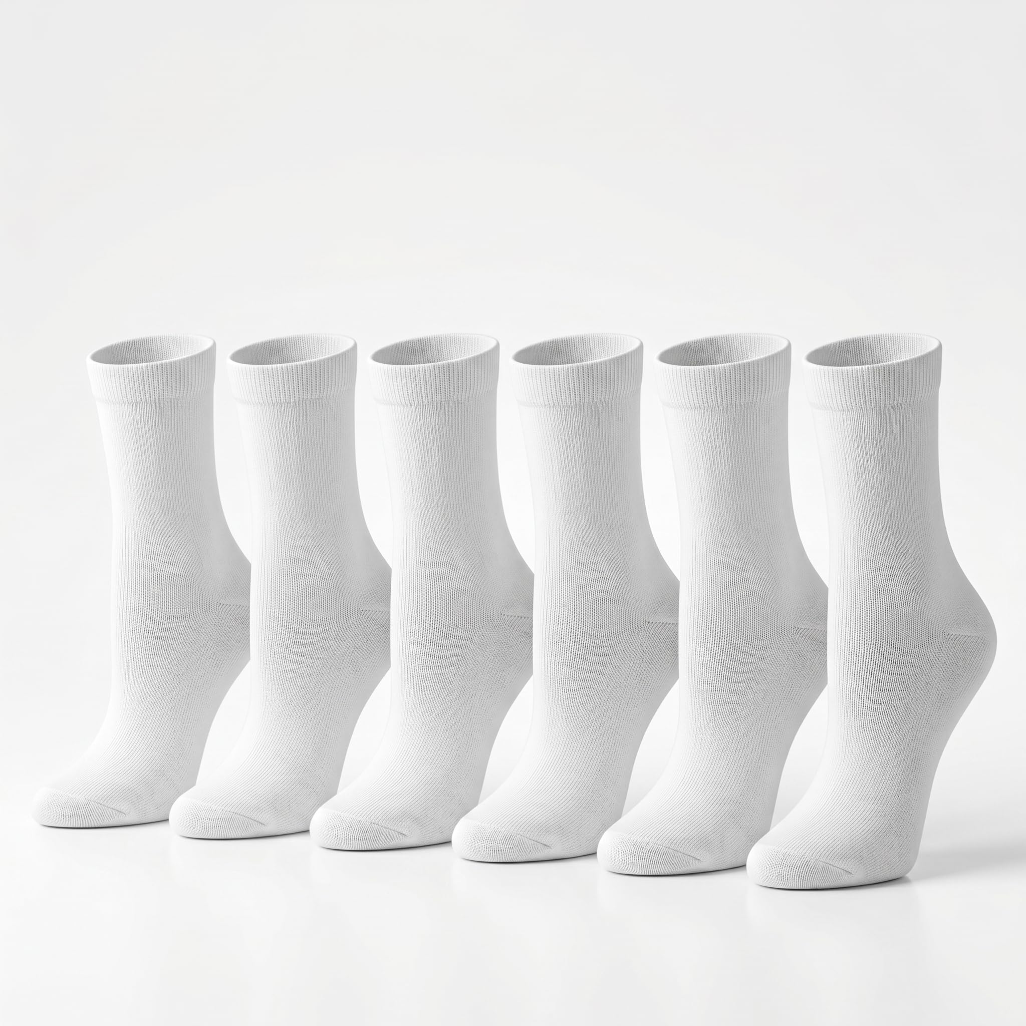 Six pairs of plain white crew socks arranged in a row on a clean white background.