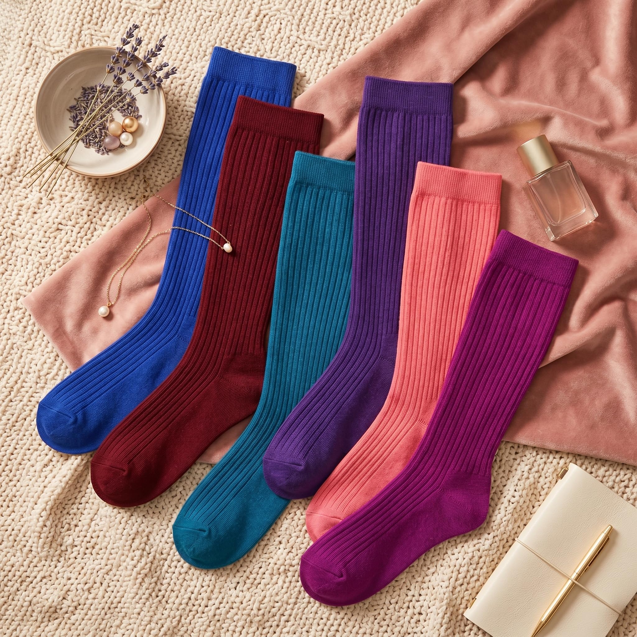 Six pairs of ribbed knee-high socks in assorted colors are arranged in a flat lay on a beige knit blanket with a pink fabric backdrop. The socks include blue, burgundy, teal, purple, pink, and magenta.