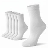 Six pairs of white crew socks arranged in a row, with one sock in the foreground shown in a larger, more detailed view on a clean white background.