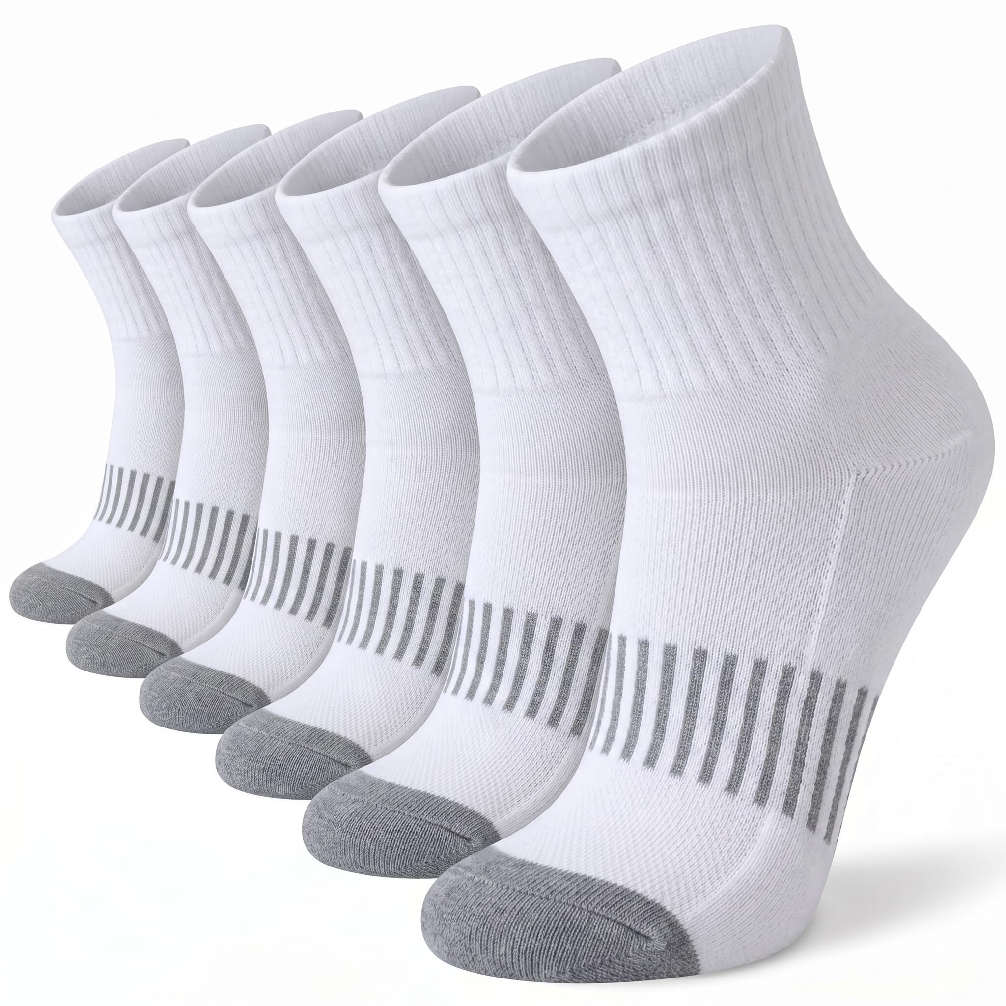 Six pairs of white low-cut athletic socks with gray toes and heels, arranged in a diagonal row on a white background.