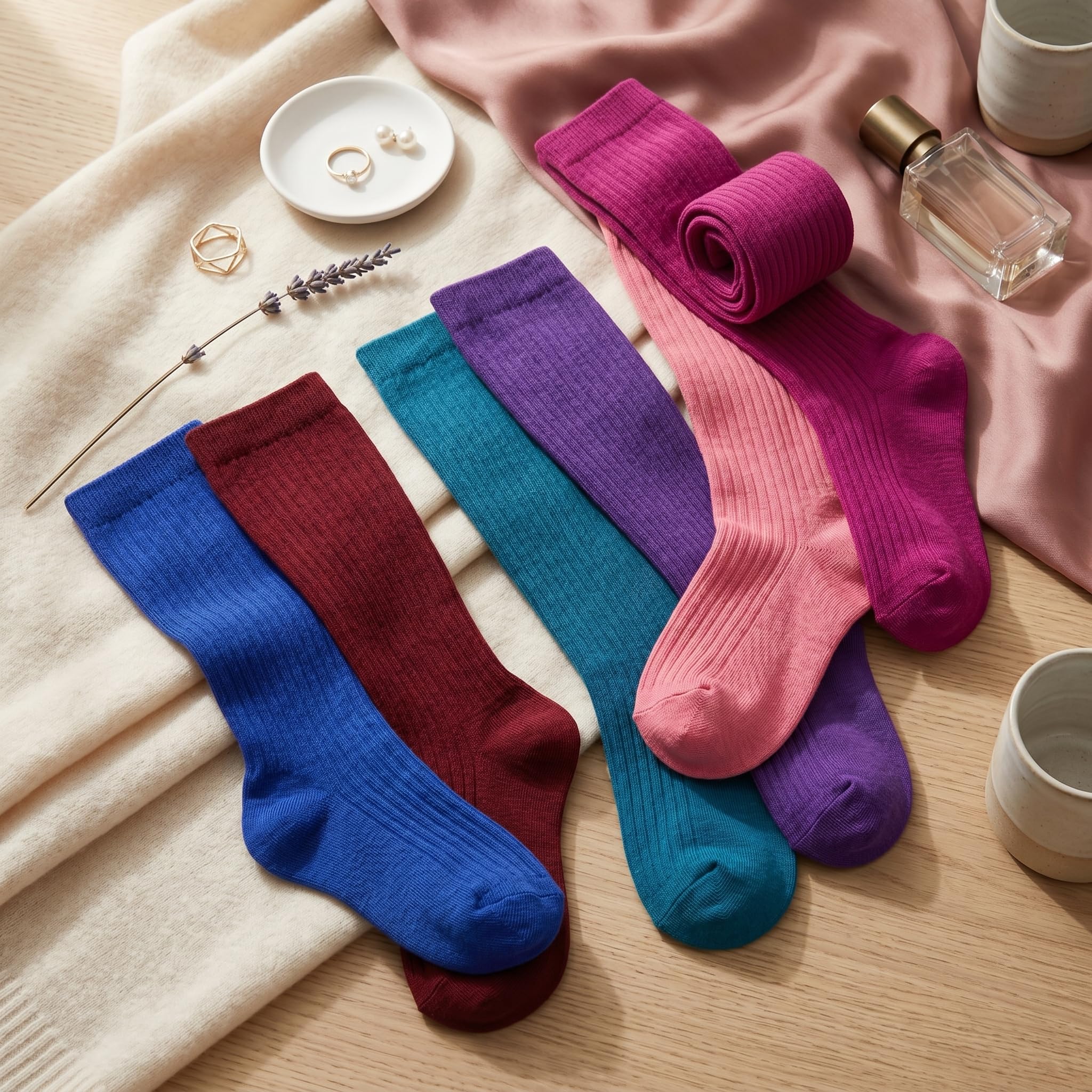 Six ribbed crew socks in assorted colors are arranged on a light wood surface with soft fabric and small lifestyle props. The socks include blue, burgundy, teal, purple, pink, and magenta tones, with one rolled sock at the top right.