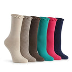 Six ribbed crew socks with ruffled cuffs arranged in a row on a white background. The colors are light beige, taupe, brown, teal, hot pink, and navy blue.