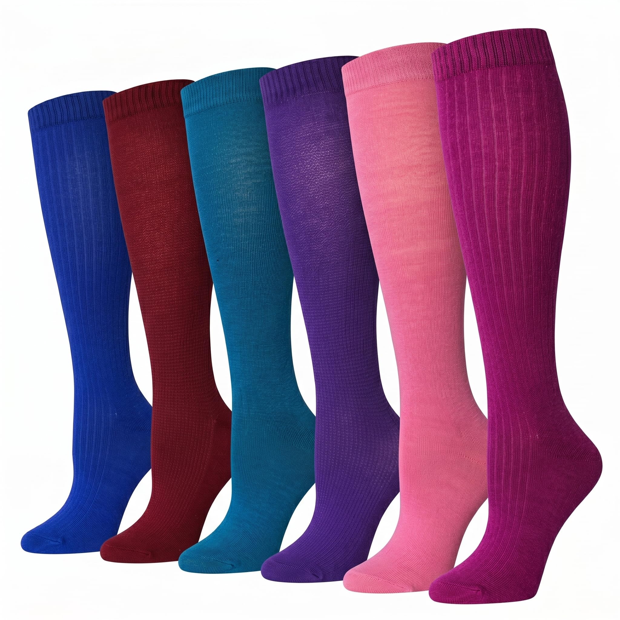 Six ribbed knee-high socks in different colors are shown standing upright against a plain white background. The colors visible are royal blue, burgundy red, teal blue, purple, light pink, and magenta.
