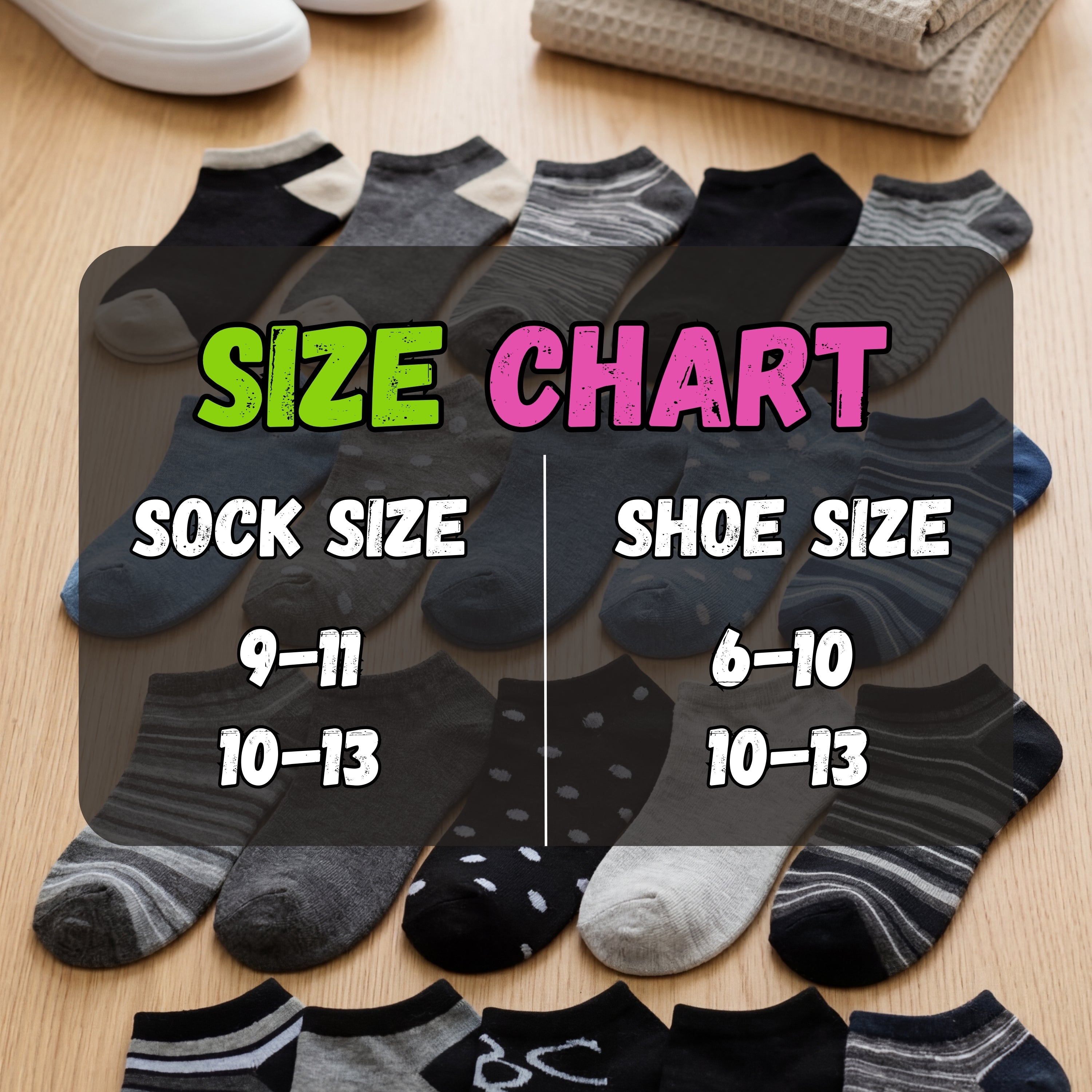 Size chart for socks showing sock size and shoe size equivalencies on a wooden surface.