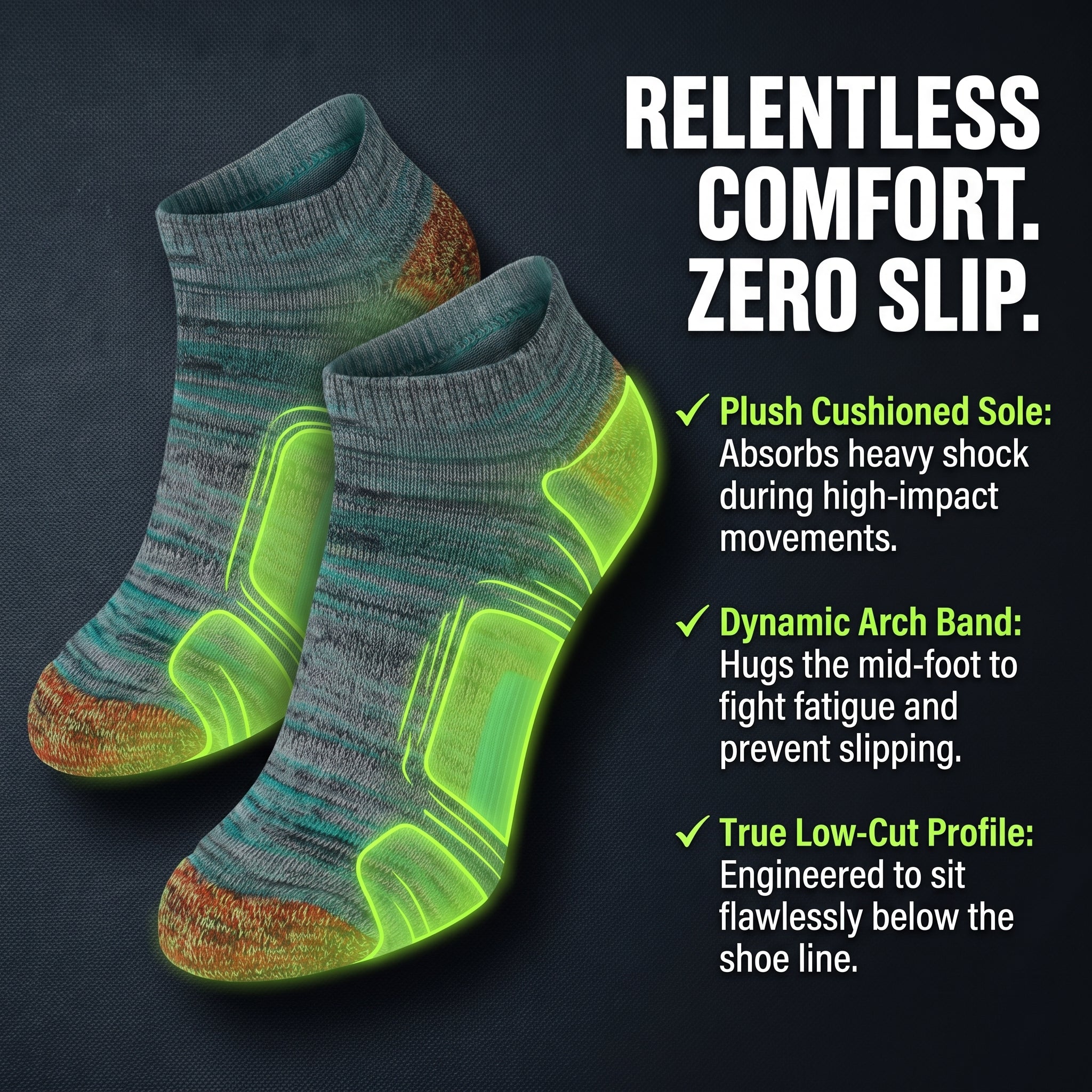 A pair of low-cut athletic socks shown on a dark textured background with marketing text and feature bullet points. The socks are heathered blue-gray with bright neon green glow highlights over the sole and arch areas, plus brown/orange accents at the toes.