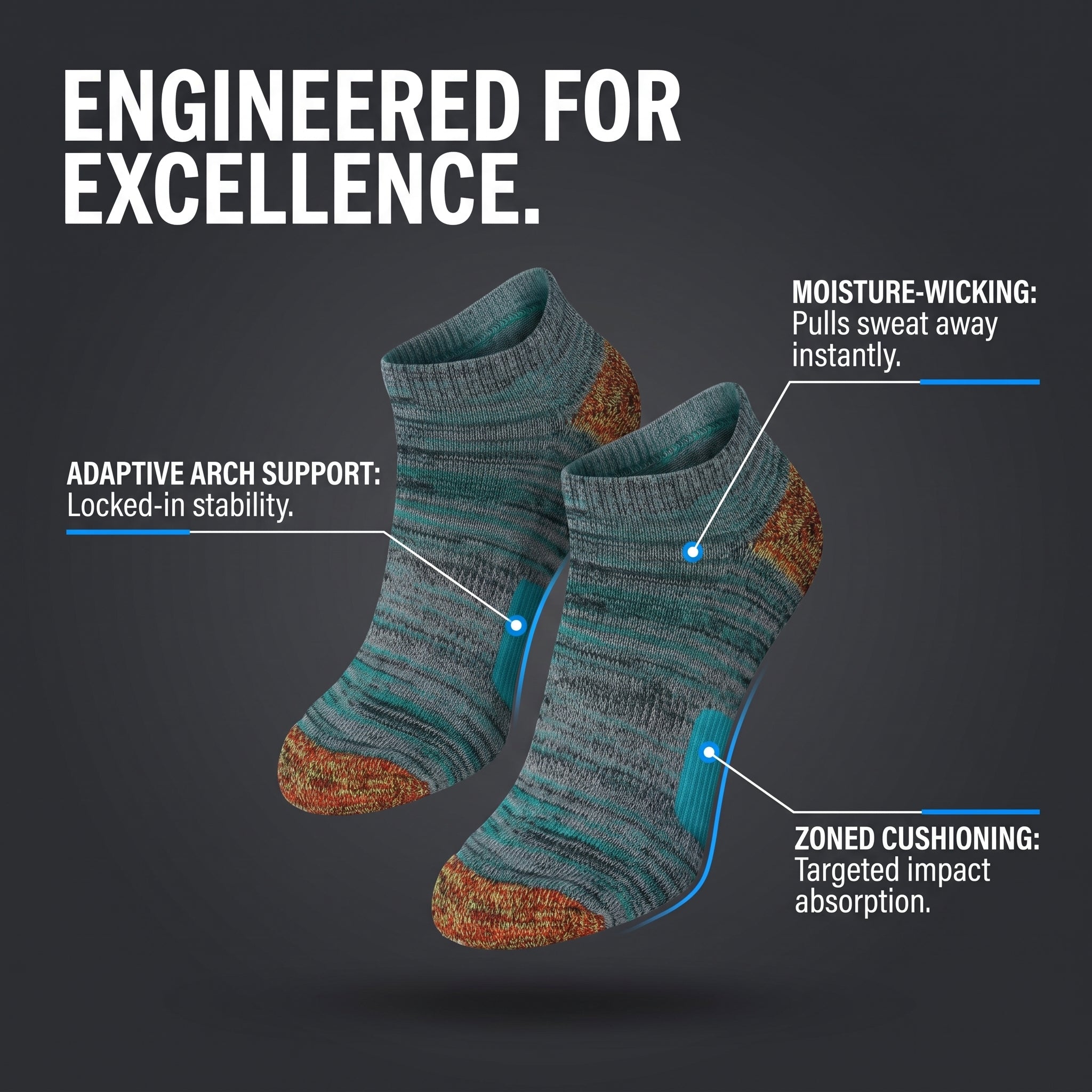 A pair of low-cut athletic socks shown on a dark gray background with marketing text callouts highlighting features such as adaptive arch support, moisture-wicking, and zoned cushioning.