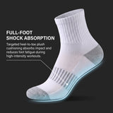 A single white ankle sock shown on a dark background with marketing text about full-foot shock absorption and a glowing highlight over the foot area.