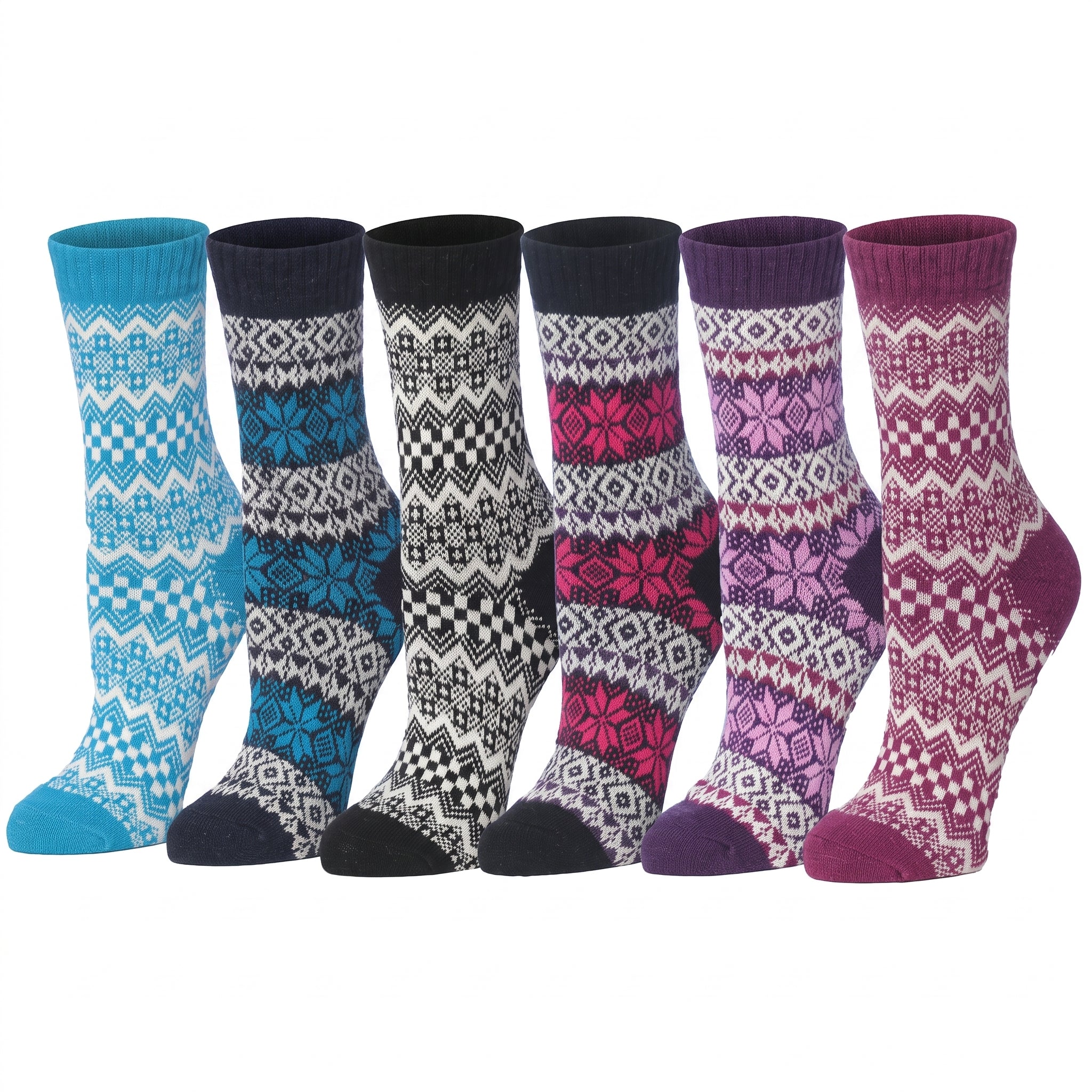 Six pairs of patterned crew socks arranged side by side on a white background. The socks come in blue, navy, black, gray, pink, and purple colorways, each featuring a classic Fair Isle geometric and floral pattern.