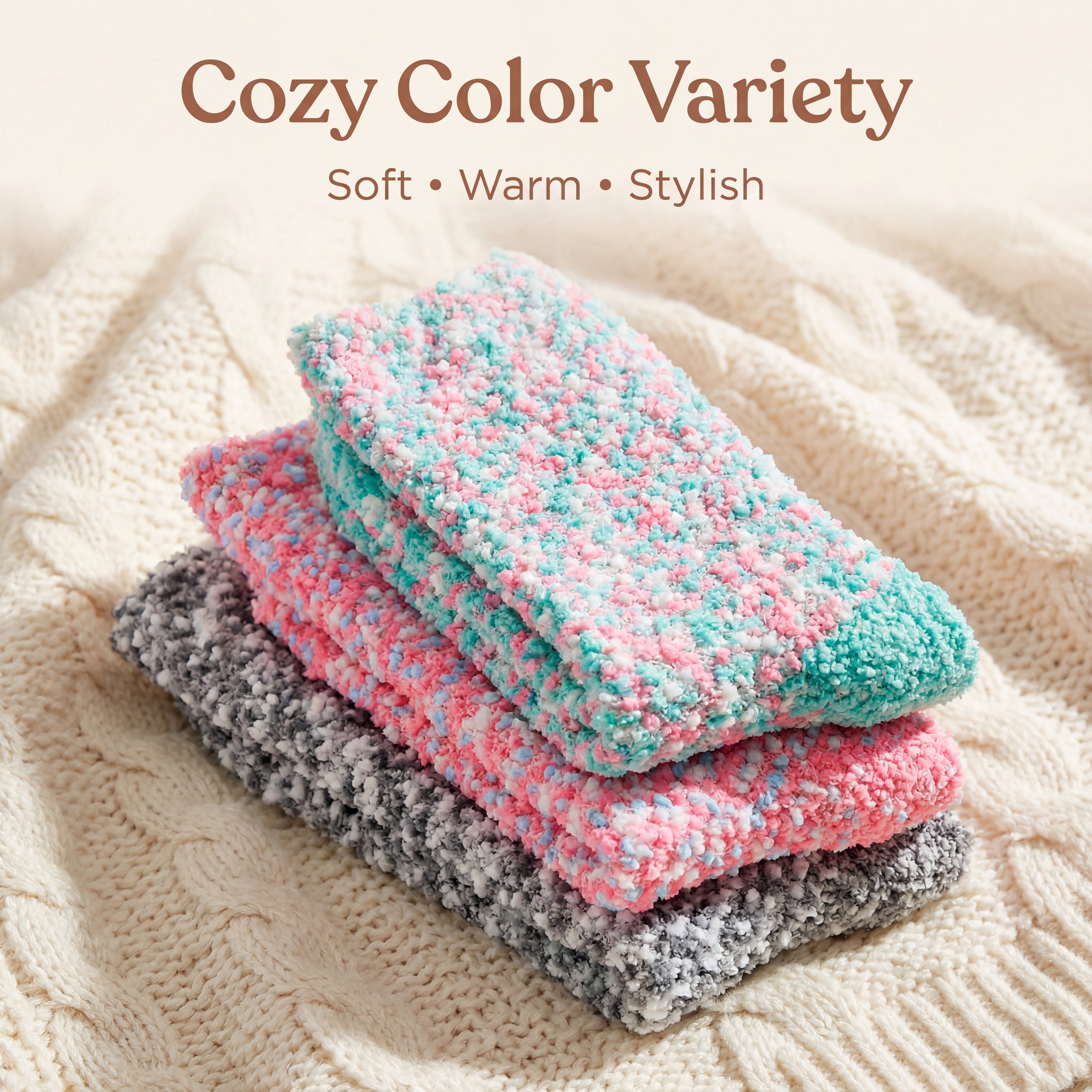 Stack of colorful knitted socks on a textured fabric background with text 'Cozy Color Variety'.