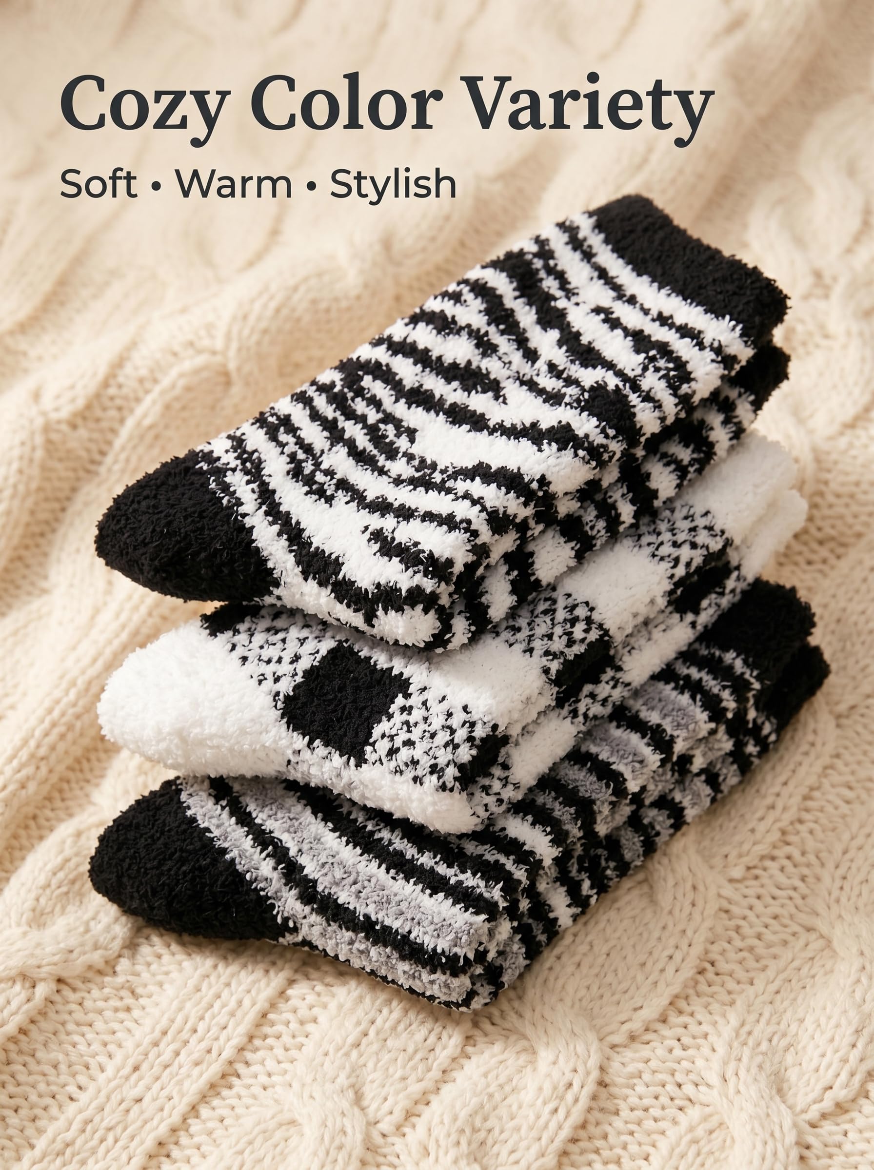 Stack of zebra-striped socks on a textured beige surface with text 'Cozy Color Variety, Soft, Warm, Stylish'.