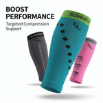 Three RONNOX compression sleeves floating against a white background, with text reading 'BOOST PERFORMANCE Targeted Compression Support.' The sleeves are shown in gray, teal, and pink, each with black printed compression zones and dots.