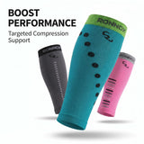Three RONNOX compression sleeves floating against a white background, with text reading 'BOOST PERFORMANCE Targeted Compression Support.' The sleeves are shown in gray, teal, and pink, each with black printed compression zones and dots.