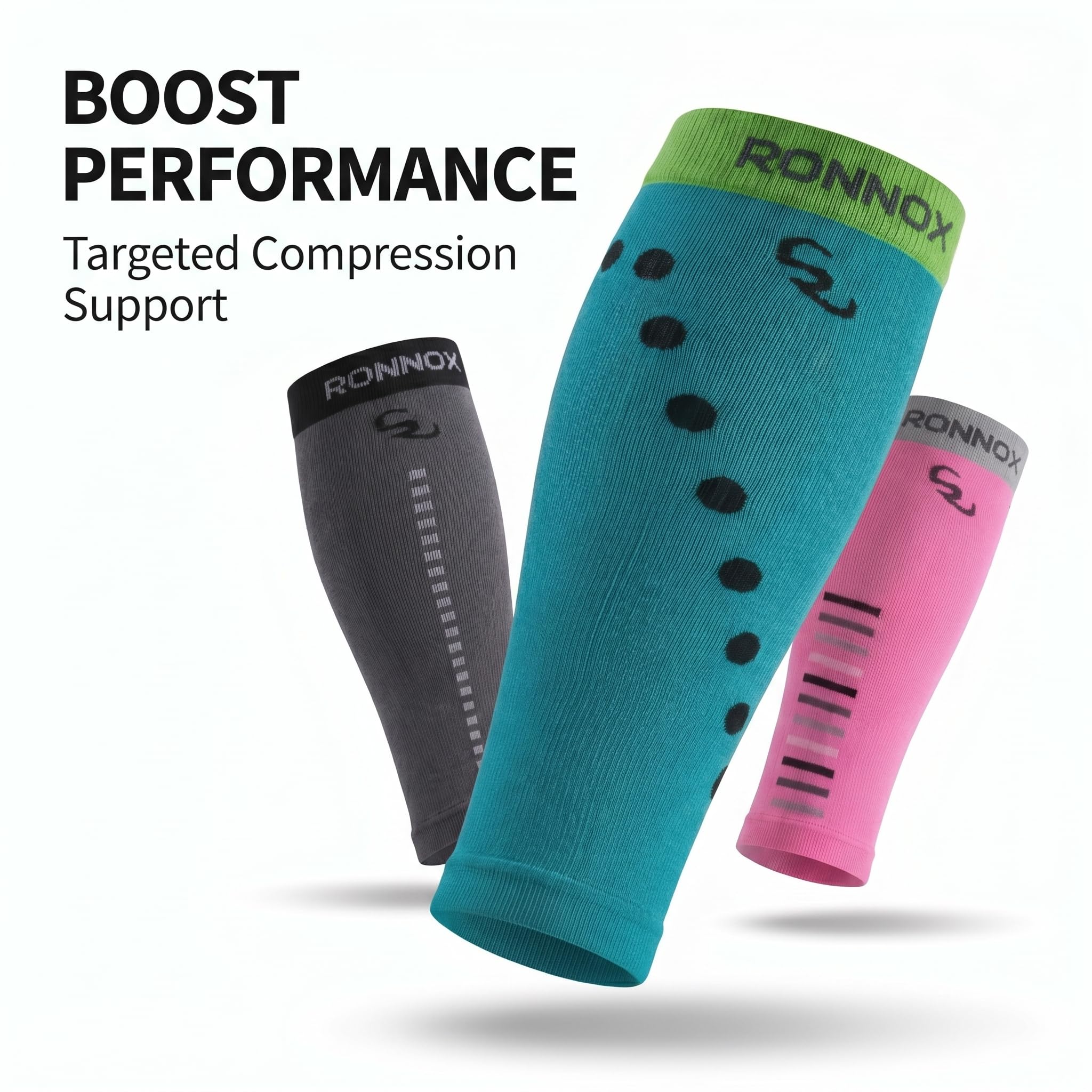 Three RONNOX compression sleeves floating against a white background, with text reading 'BOOST PERFORMANCE Targeted Compression Support.' The sleeves are shown in gray, teal, and pink, each with black printed compression zones and dots.