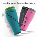 Three RONNOX compression sleeves shown on a white background with marketing text at the top: one teal sleeve with black dots and a lime green cuff, one dark gray sleeve with black stripes and a black cuff, and one pink sleeve with gray stripes and a gray cuff. Small line icons on the left suggest benefits like reduced fatigue, pain, swelling, and fatigue.