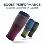 Three Ronnox calf compression sleeves shown on a white background with promotional text reading 'BOOST PERFORMANCE Targeted Compression Support.' The sleeves feature gradient color designs in purple, blue, yellow, and gray.