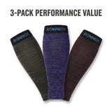 Three Ronnox compression sleeves displayed in a 3-pack on a white background with the text '3-PACK PERFORMANCE VALUE' at the top. The sleeves are heathered in dark olive green, deep purple, and dark brown, each featuring a black waistband with the brand name 'RONNOX' in blue.