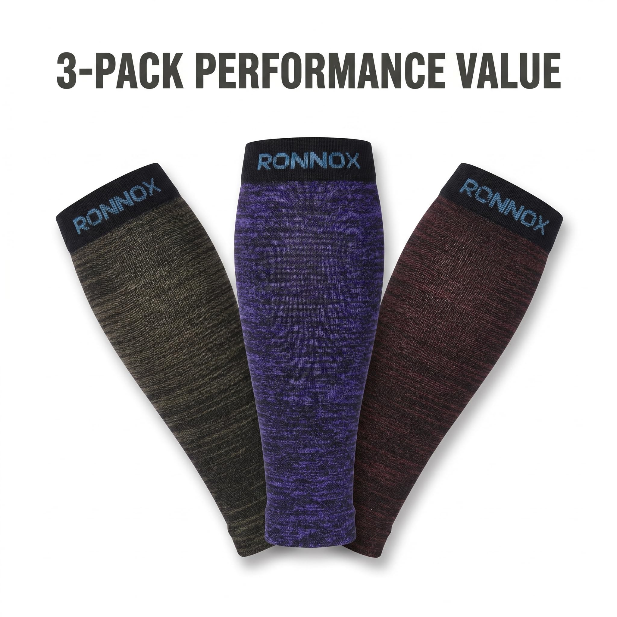 Three Ronnox compression sleeves displayed in a 3-pack on a white background with the text '3-PACK PERFORMANCE VALUE' at the top. The sleeves are heathered in dark olive green, deep purple, and dark brown, each featuring a black waistband with the brand name 'RONNOX' in blue.