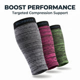 Three Ronnox compression sleeves in gray, pink, and green heathered patterns, displayed against a white background with the text 'BOOST PERFORMANCE Targeted Compression Support' at the top.