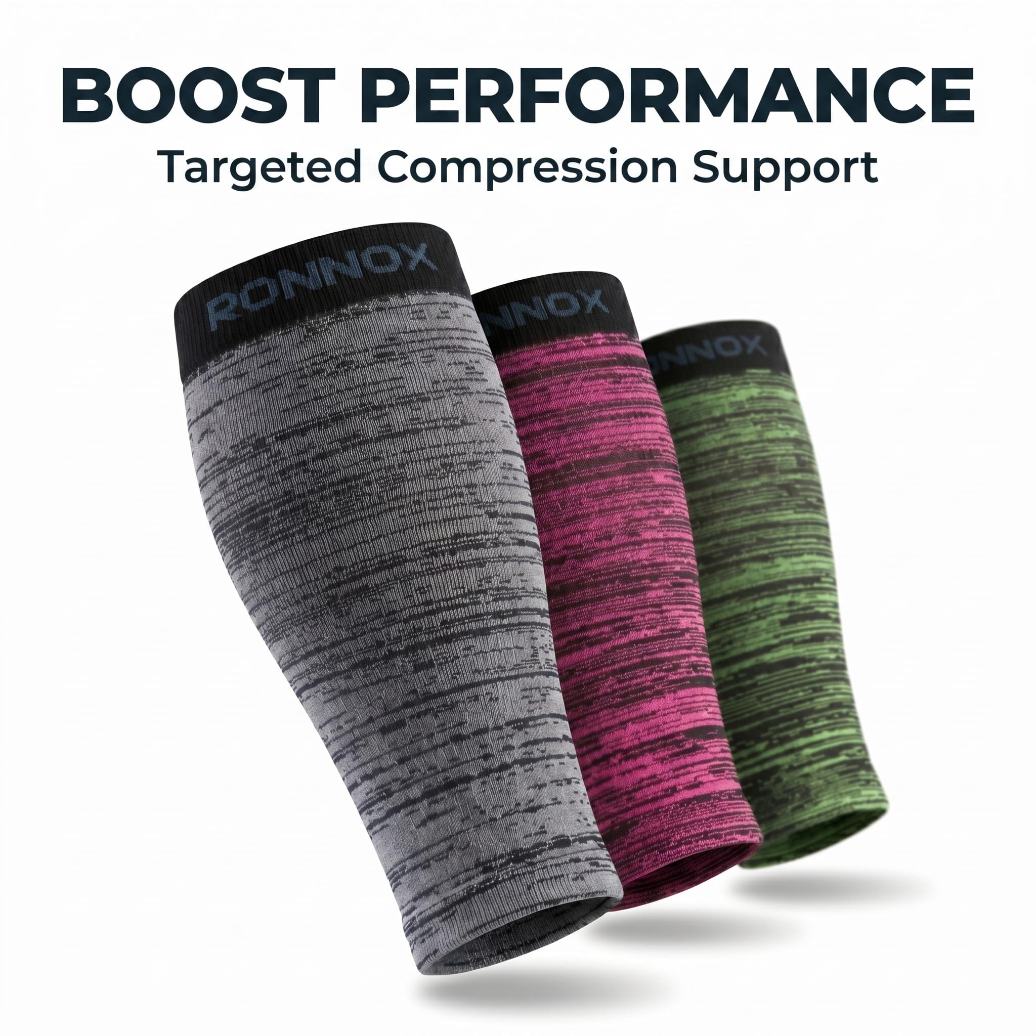 Three Ronnox compression sleeves in gray, pink, and green heathered patterns, displayed against a white background with the text 'BOOST PERFORMANCE Targeted Compression Support' at the top.