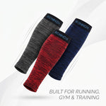 Three Ronnox compression sleeves in gray, red, and navy blue, arranged diagonally on a white background with abstract curved lines and the text 'BUILT FOR RUNNING, GYM & TRAINING'.