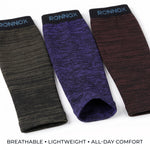 Three Ronnox compression sleeves shown on a white background, featuring a heathered dark gray, purple, and burgundy color scheme. The brand name 'RONNOX' is printed on the black cuffs, and a text overlay at the bottom highlights 'BREATHABLE • LIGHTWEIGHT • ALL-DAY COMFORT'.