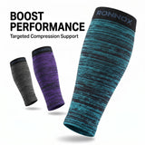 Three Ronnox compression sleeves shown on a white background with promotional text reading 'BOOST PERFORMANCE Targeted Compression Support.' The large sleeve in front is teal and black, with two smaller sleeves behind in gray and purple.