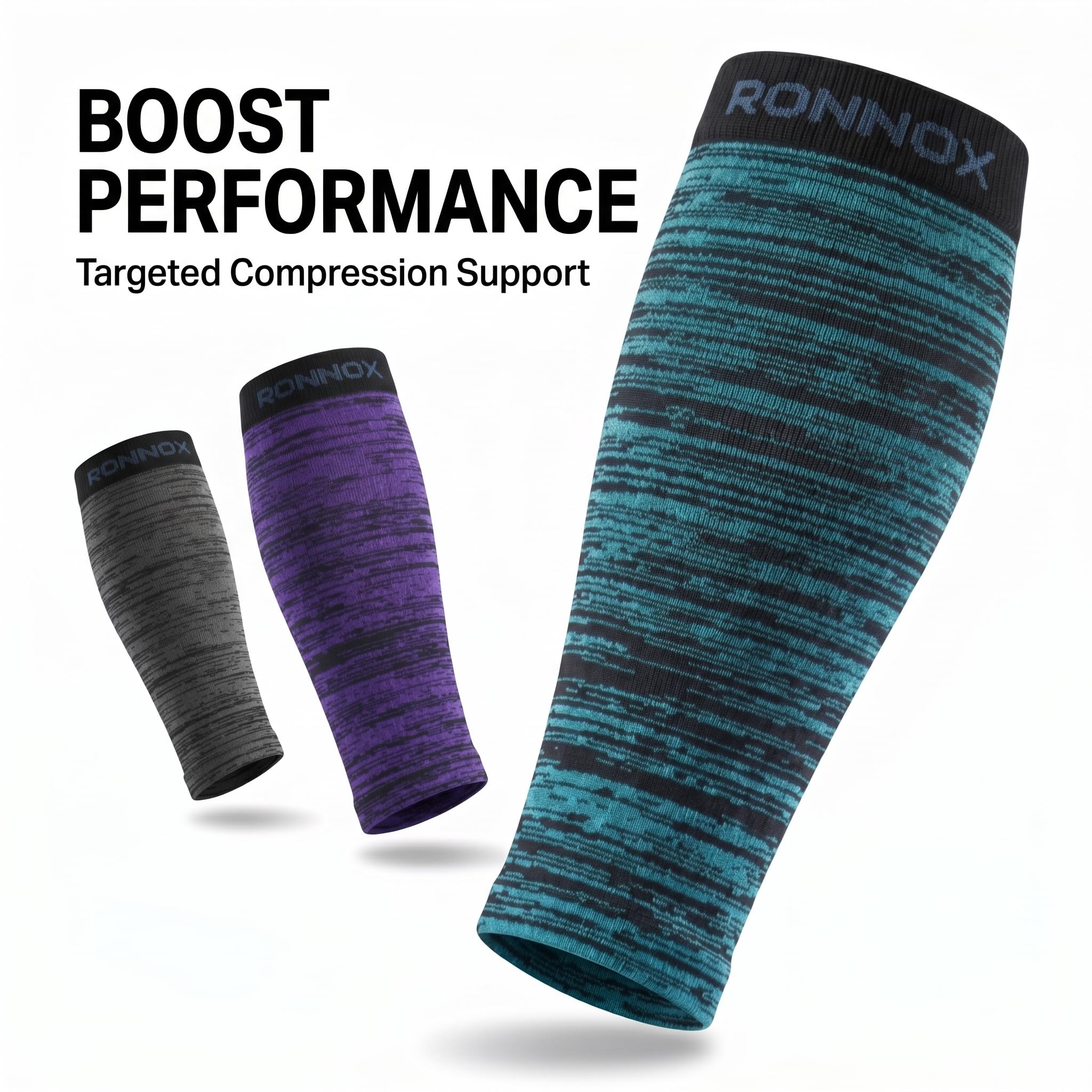 Three Ronnox compression sleeves shown on a white background with promotional text reading 'BOOST PERFORMANCE Targeted Compression Support.' The large sleeve in front is teal and black, with two smaller sleeves behind in gray and purple.