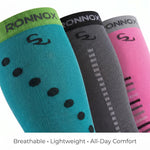 Three Ronnox compression socks shown in teal, dark gray, and pink, arranged diagonally on a white background with the text 'Breathable • Lightweight • All-Day Comfort' at the bottom.