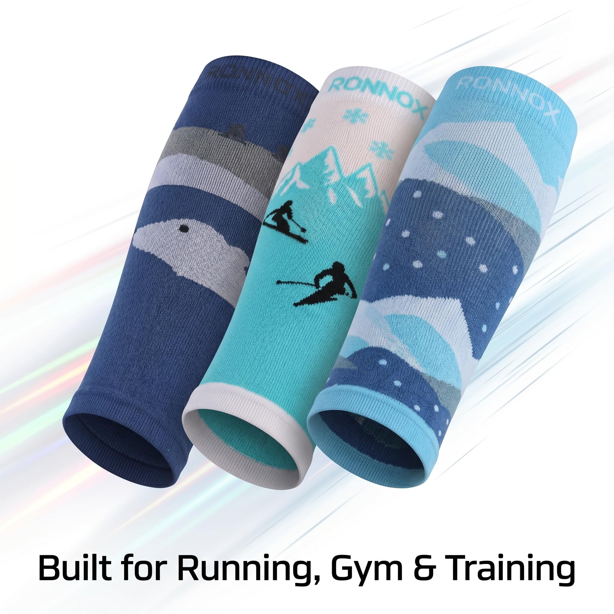 Three athletic arm sleeves from Ronnox are shown overlapping on a white background with diagonal light streaks. The sleeves feature winter sports graphics: one in navy with a gray polar bear, one in turquoise with black skier silhouettes, and one in light blue and navy with white snowflake dots.