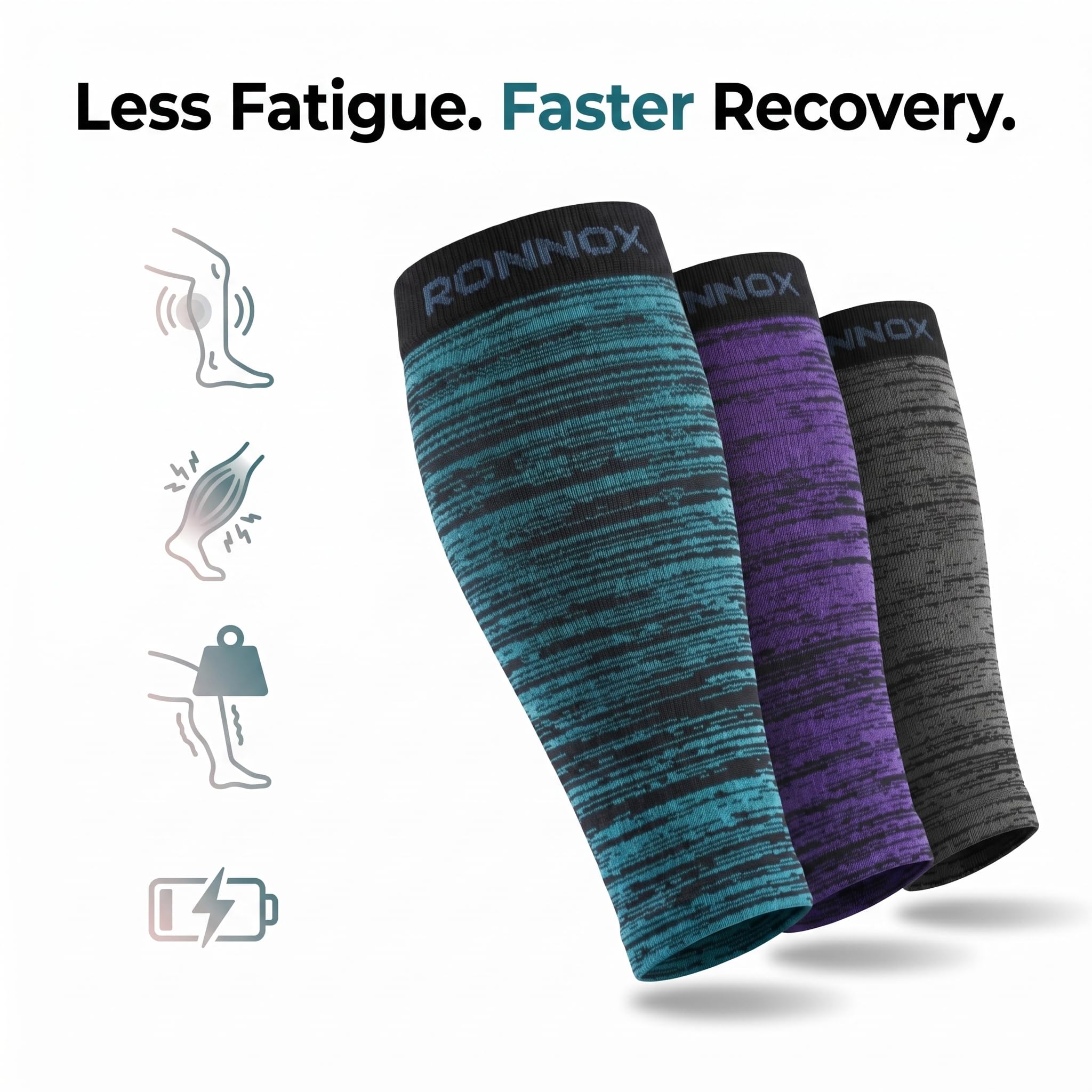 Three athletic calf compression sleeves by RONINOX are shown on a white background with marketing text and feature icons. The sleeves have a heathered texture and are displayed in teal/black, purple/black, and dark gray/black colorways.