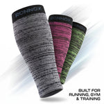 Three athletic compression calf sleeves by RONNOX are shown on a white background with diagonal light streaks. The front sleeve is heather gray and black, the middle sleeve is pink and black, and the rear sleeve is green and black.