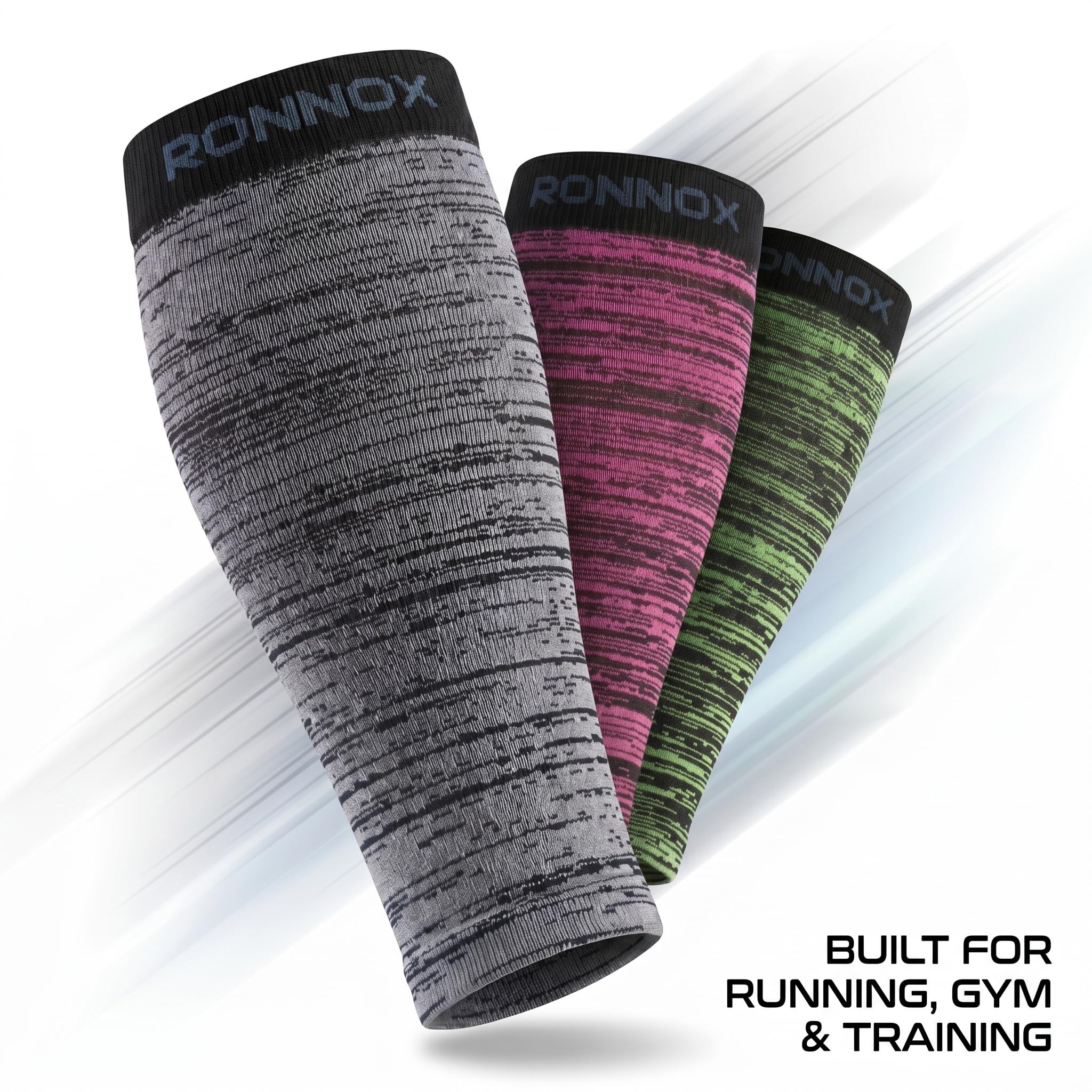 Three athletic compression calf sleeves by RONNOX are shown on a white background with diagonal light streaks. The front sleeve is heather gray and black, the middle sleeve is pink and black, and the rear sleeve is green and black.