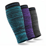 Three athletic compression calf sleeves by RONNOX, shown overlapping on a white background. The sleeve on the left is teal and black, the middle sleeve is purple and black, and the sleeve on the right is dark gray and black.