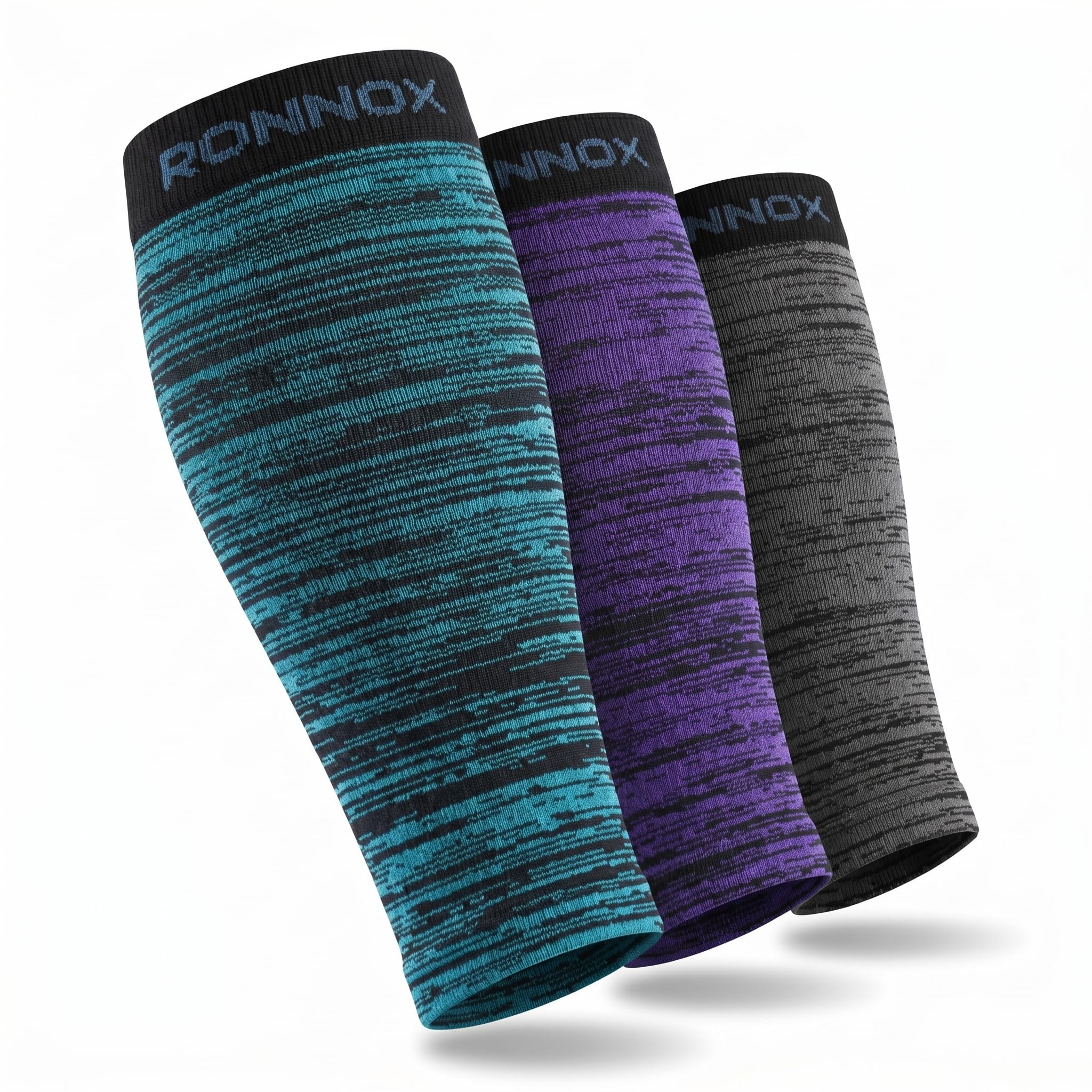 Three athletic compression calf sleeves by RONNOX, shown overlapping on a white background. The sleeve on the left is teal and black, the middle sleeve is purple and black, and the sleeve on the right is dark gray and black.