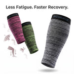 Three athletic compression calf sleeves floating on a white background, with the text 'Less Fatigue. Faster Recovery.