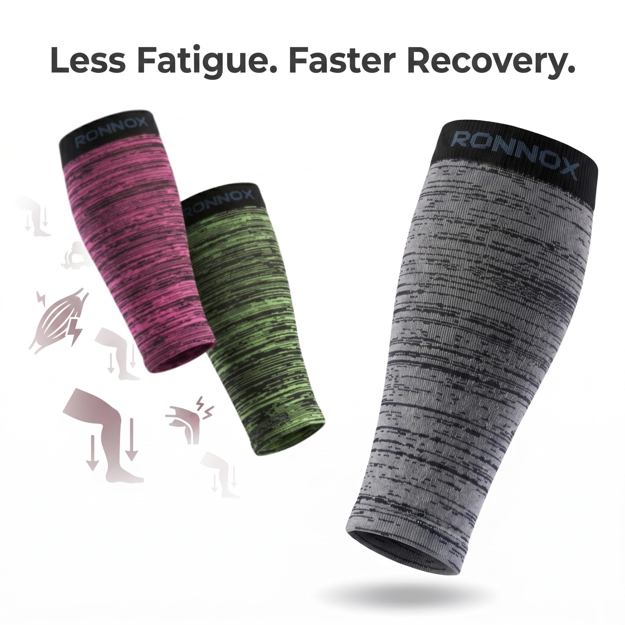 Three athletic compression calf sleeves floating on a white background, with the text 'Less Fatigue. Faster Recovery.