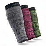 Three athletic compression sleeves by RONNOX shown on a clean white background, featuring a gray/black marled design, a pink/black marled design, and a green/black marled design.