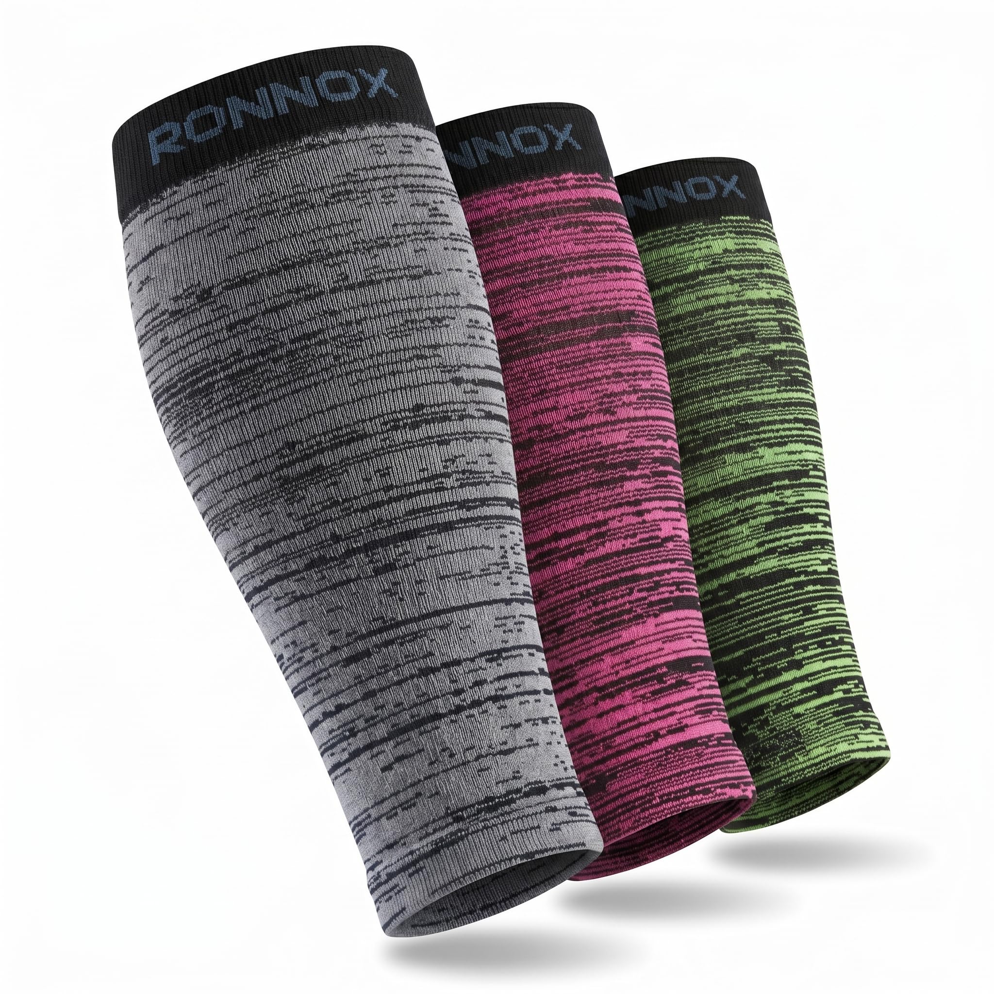 Three athletic compression sleeves by RONNOX shown on a clean white background, featuring a gray/black marled design, a pink/black marled design, and a green/black marled design.