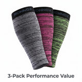 Three athletic compression sleeves by Ronnox are shown in a 3-pack on a white background, with the text '3-Pack Performance Value' below them. The sleeves feature a heathered pattern in gray, pink, and green with black cuffs.