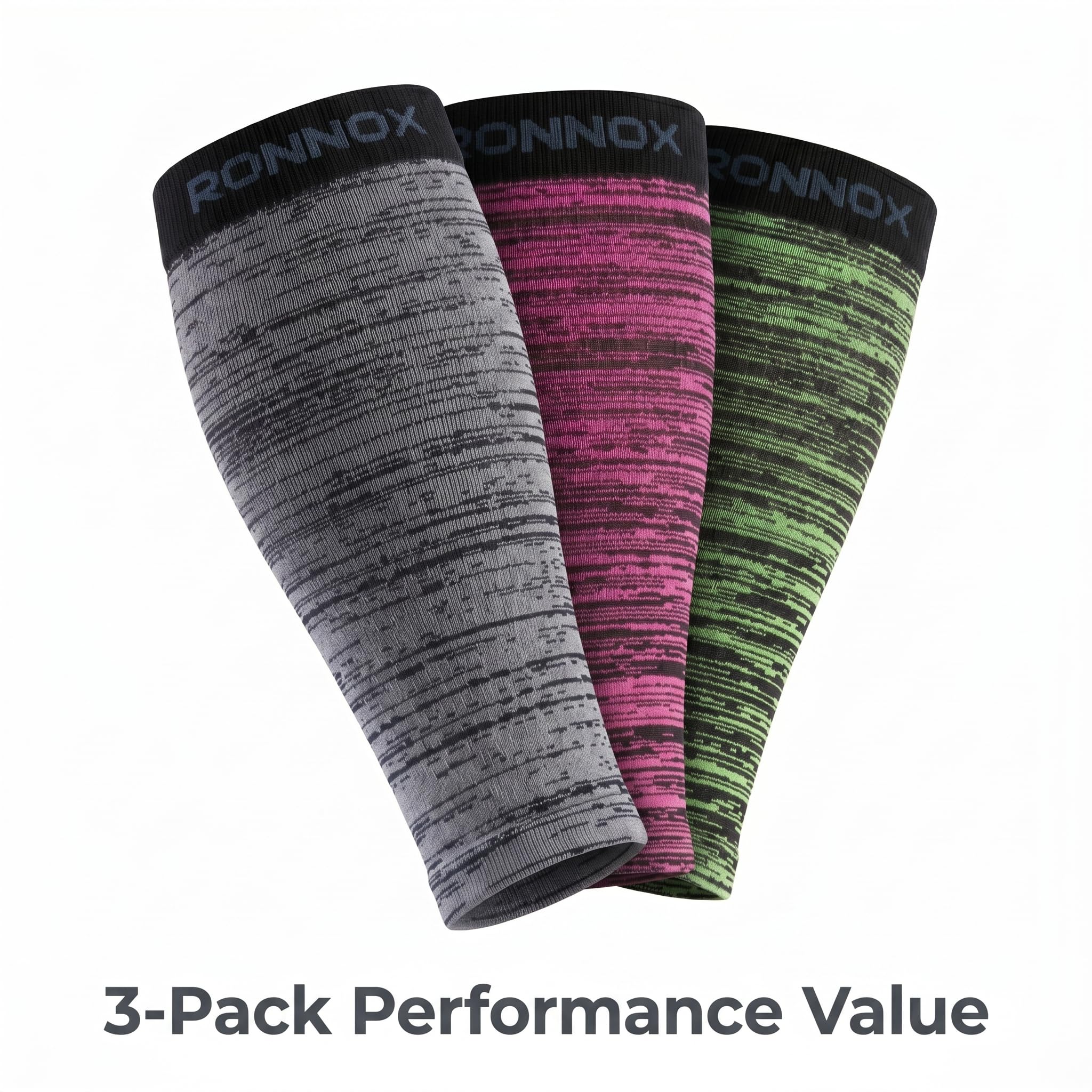 Three athletic compression sleeves by Ronnox are shown in a 3-pack on a white background, with the text '3-Pack Performance Value' below them. The sleeves feature a heathered pattern in gray, pink, and green with black cuffs.