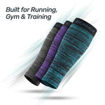 Three athletic compression sleeves floating diagonally on a white background with light streaks and the text 'Built for Running, Gym & Training.' The front sleeve is teal and black, the middle sleeve is purple and black, and the rear sleeve is dark gray and black.