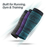 Three athletic compression sleeves floating diagonally on a white background with light streaks and the text 'Built for Running, Gym & Training.' The front sleeve is teal and black, the middle sleeve is purple and black, and the rear sleeve is dark gray and black.